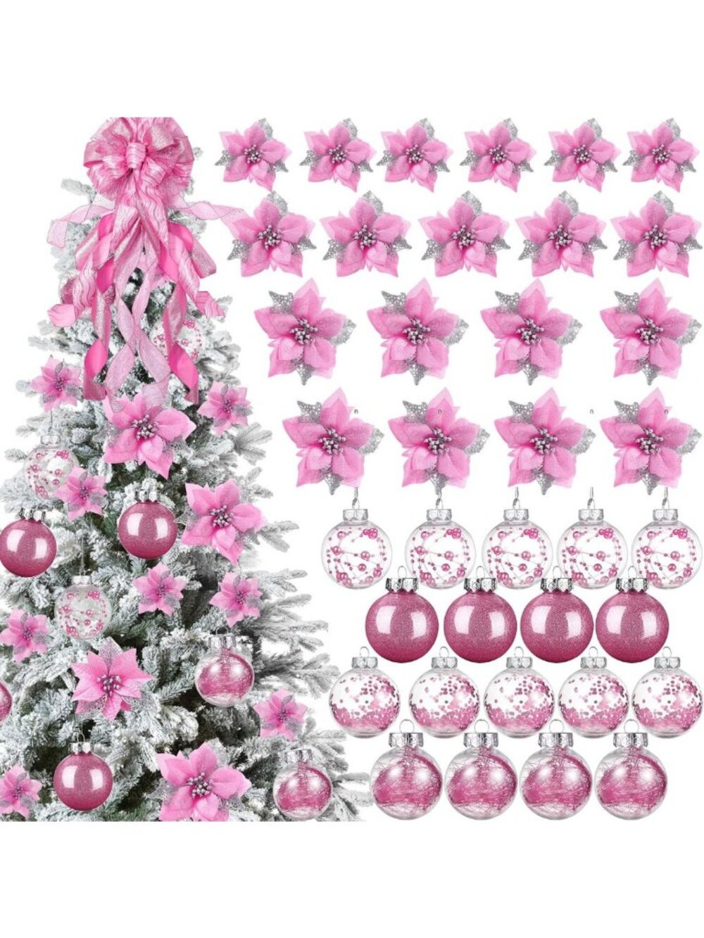 49 Pcs Pink Christmas Tree Decoration Set with Glitter Flowers & Ornaments for